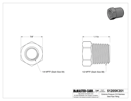Technical drawing of Extreme-Pressure 316 Stainless Steel Pipe Fitting, Bushing Adapter, 1/2 NPTF Male x 1/4 NPTF Female.